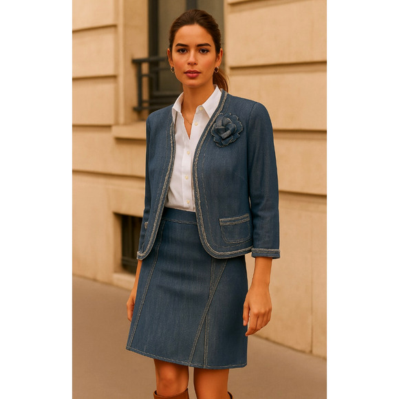 Neiman Marcus 10 Lida Baday $1200 Denim Skirt Set Linen Blazer Jean Skirt Blue - Picture 3 of 14